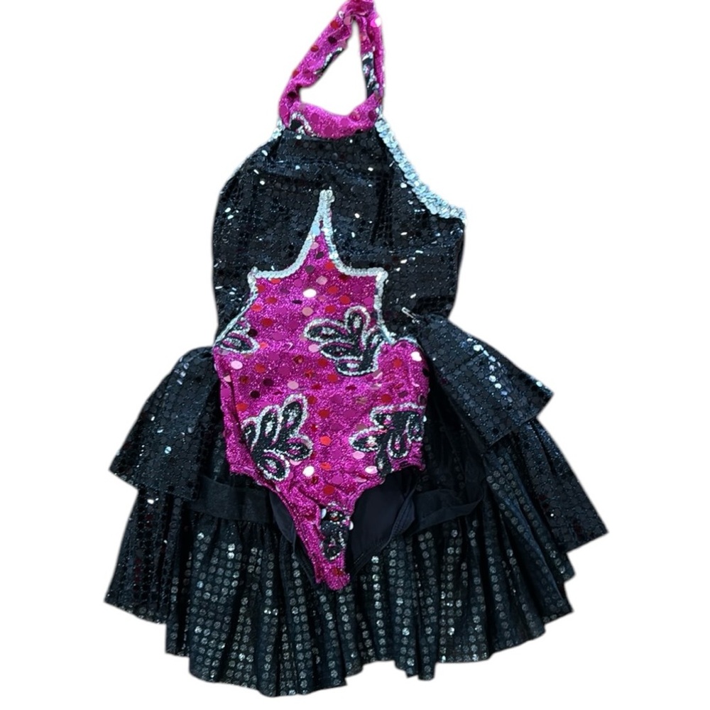 Two piece dance costume in black and fuchsia size 8 includes skirt and leotard